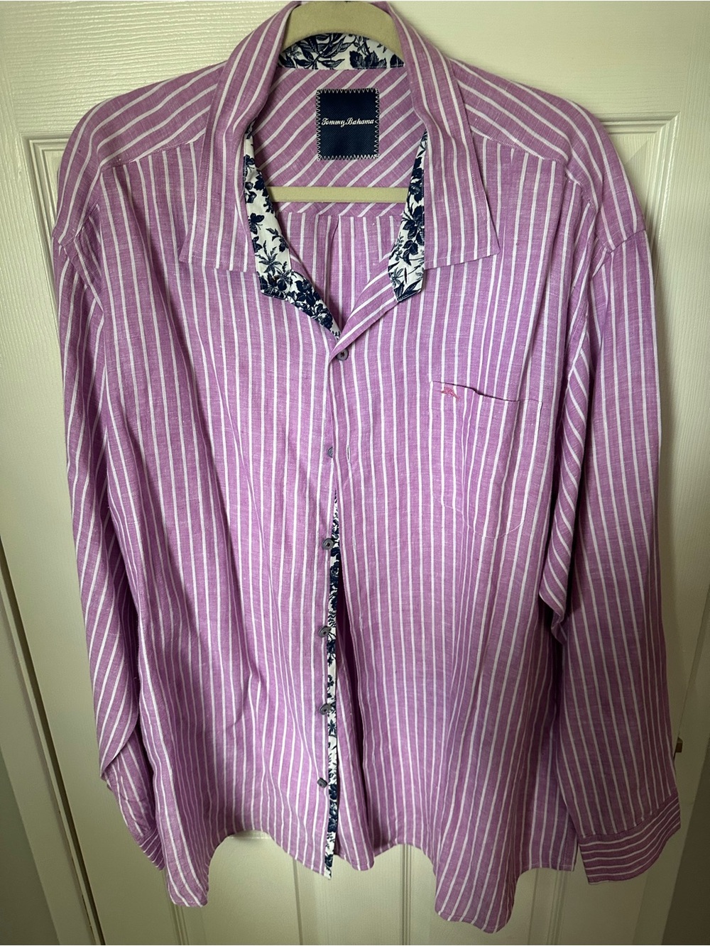 Tommy Bahama Lavender and White Stripe Button-Down Shirt with Floral Trim